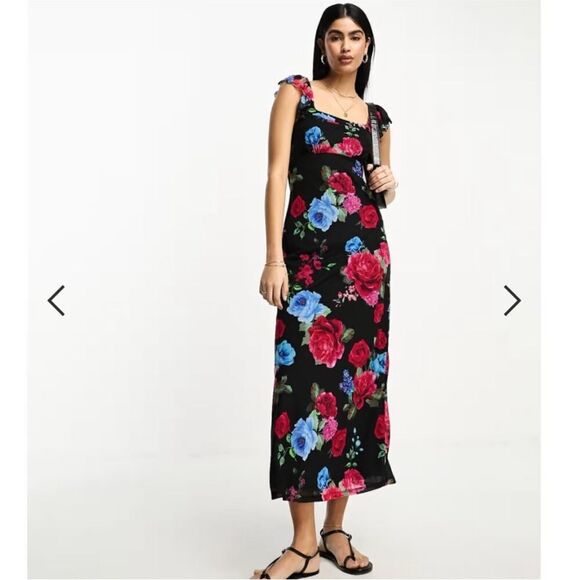 ASOS DESIGN Frilly Flutter Sleeve Dark Floral Whimsigoth Midi Maxi Dress Size 10 - Picture 8 of 12